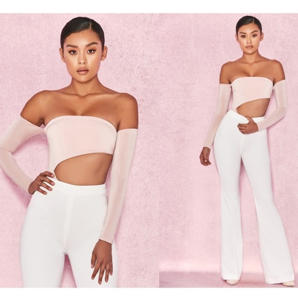 House of CB London Off Shoulder Cut Out Bodysuit One Piece Ola Blush Size L NWT